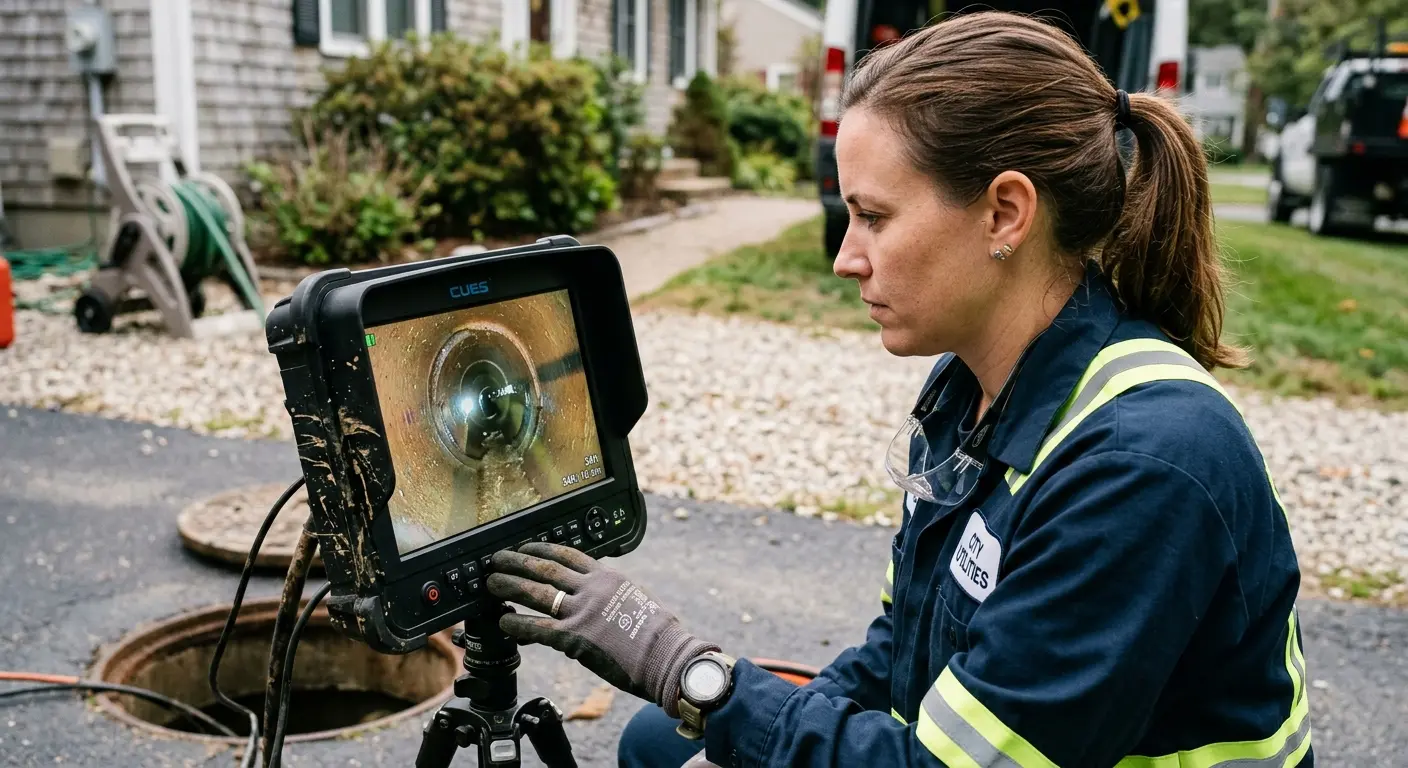 Technician reviewing sewer camera inspection footage in Sudley