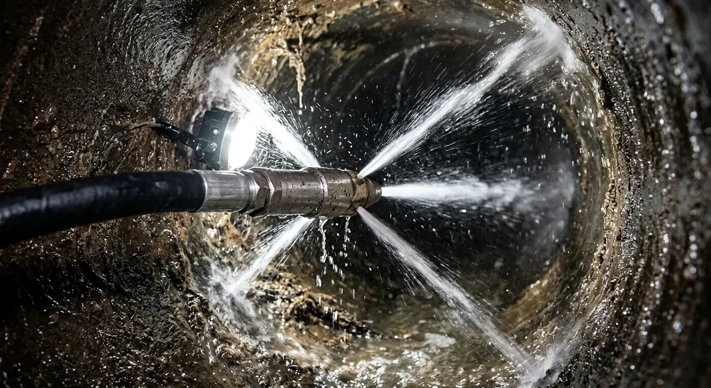 High-pressure hydro jetting nozzle cleaning sewer pipe for Sewer Line Relining in Sudley