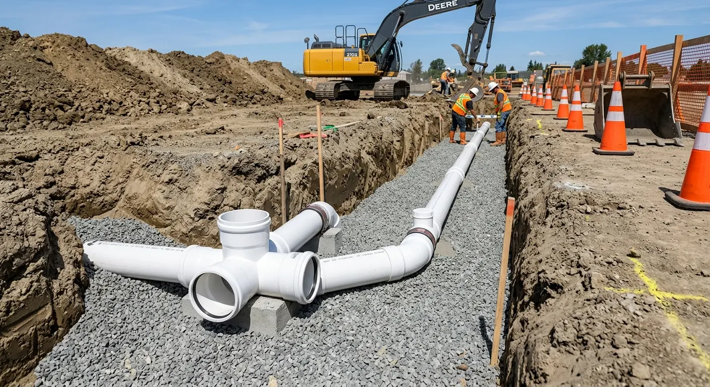 New PVC sewer pipe installation in open trench for Sewer Backup in Sudley