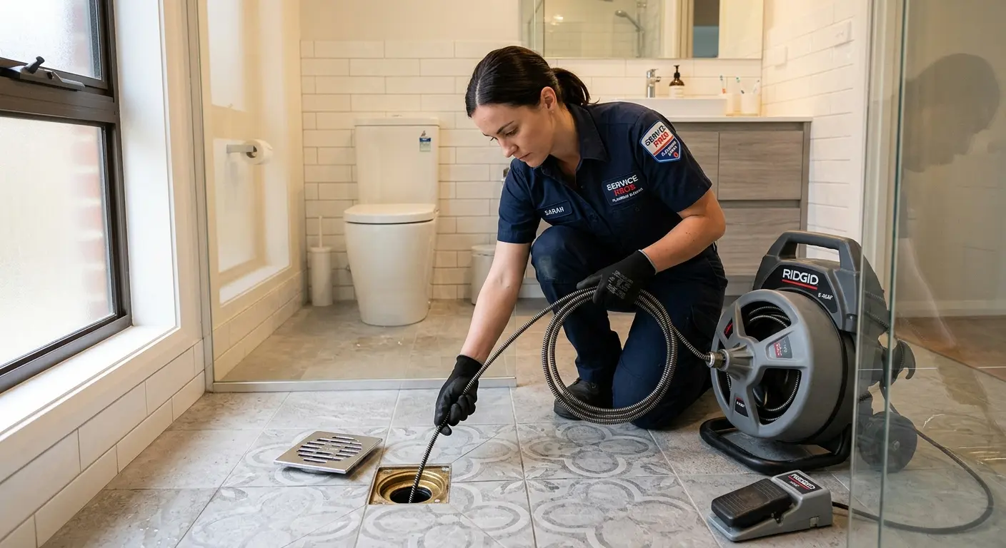 Technician clearing a bathroom floor drain for Drain Cleaning in Sudley